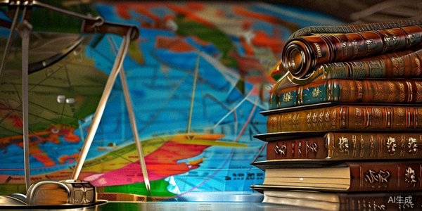 法律书籍、天平与全球地图叠放在一起，象征跨境合规