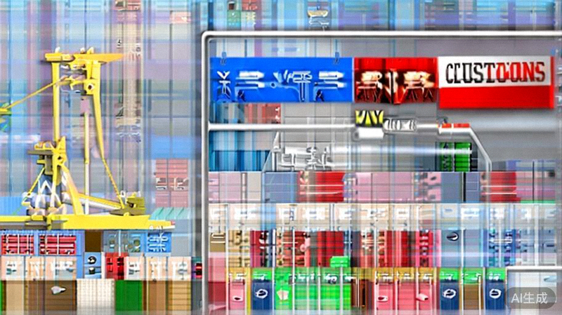 繁忙港口中集装箱正在被吊装，背景有海关监管标志，体现国际物流与清关环节