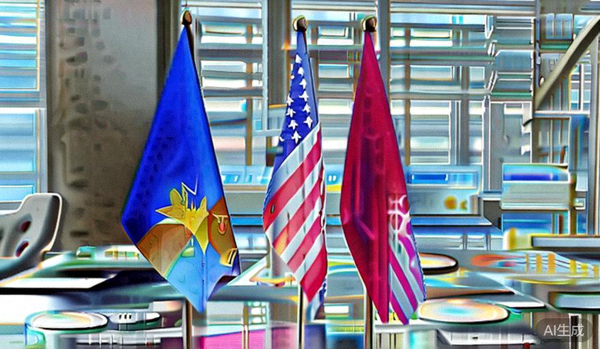 会议室桌上摆放着欧盟、美国、东南亚国家联盟的旗帜，旁边散落着政策文件和法律书籍