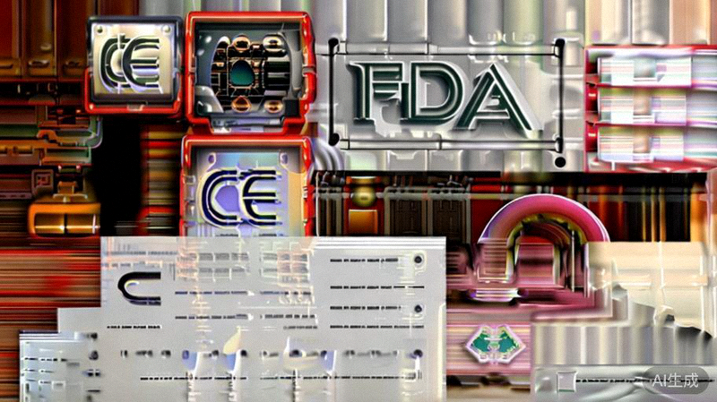 桌面上摆放着CE、FCC、FDA等认证标志，以及商标注册证书和专利文件
