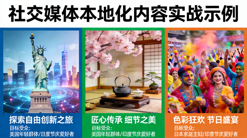 社交媒体本地化内容实战示例，展示针对不同国家文化定制的图片和文案