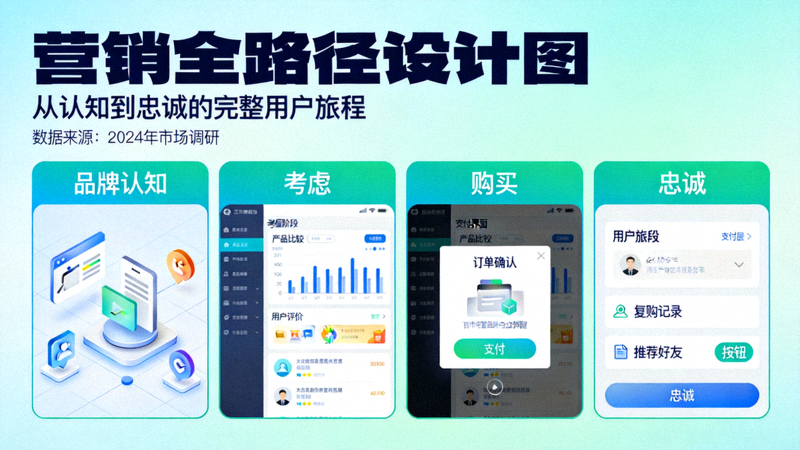 营销全路径设计图，展示从品牌认知、考虑、购买到忠诚的完整用户旅程