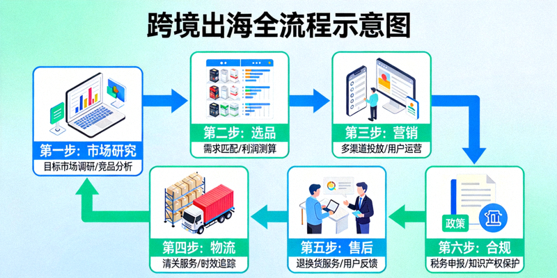 跨境出海全流程示意图，展示从市场研究、选品、营销到物流、售后及合规的闭环