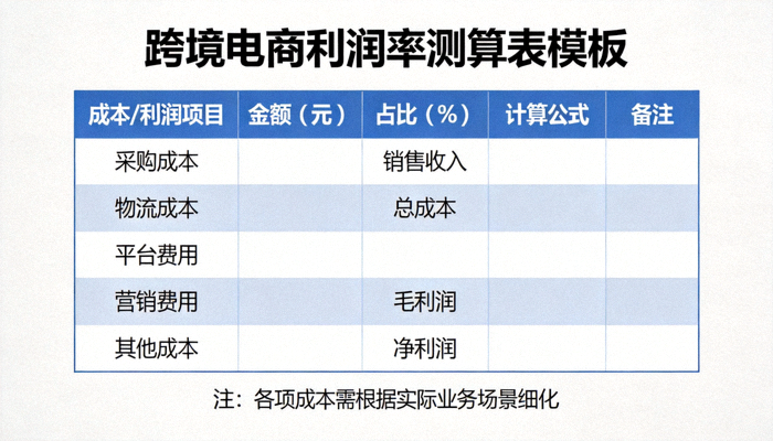 跨境电商利润率测算表模板，详细列出各项成本与最终利润