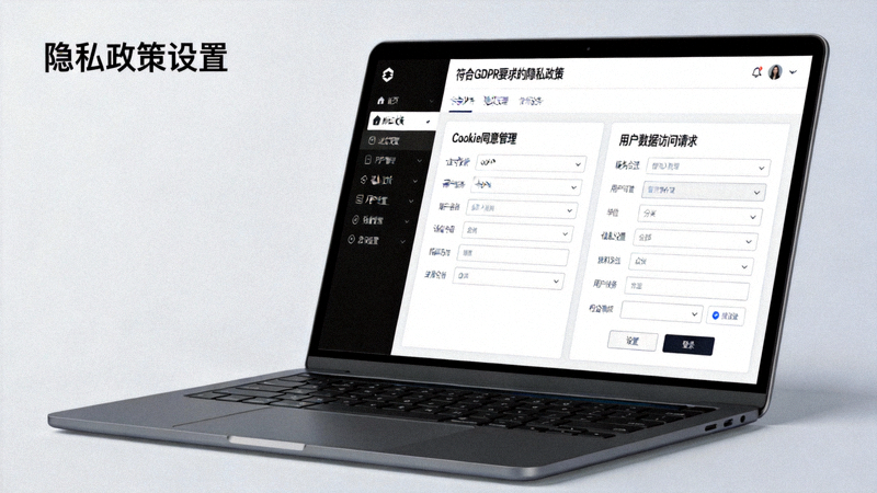 笔记本电脑屏幕上显示着符合GDPR要求的隐私政策设置界面，包括Cookie同意管理和用户数据访问请求