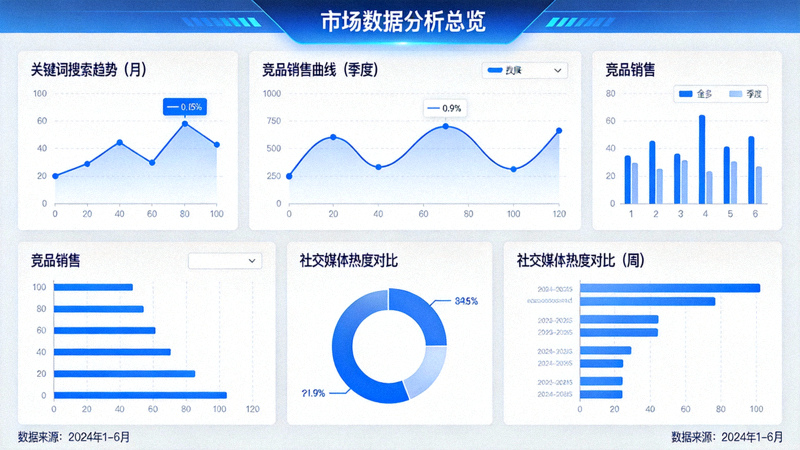 多屏显示数据分析仪表盘，展示关键词搜索趋势、竞品销售曲线和社交媒体热度对比图