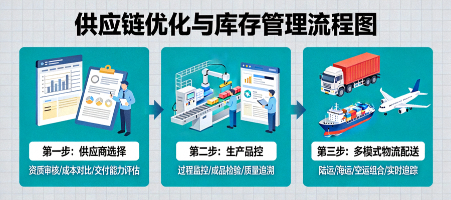 供应链优化与库存管理流程图：展示从供应商选择、生产品控到多模式物流配送的全过程