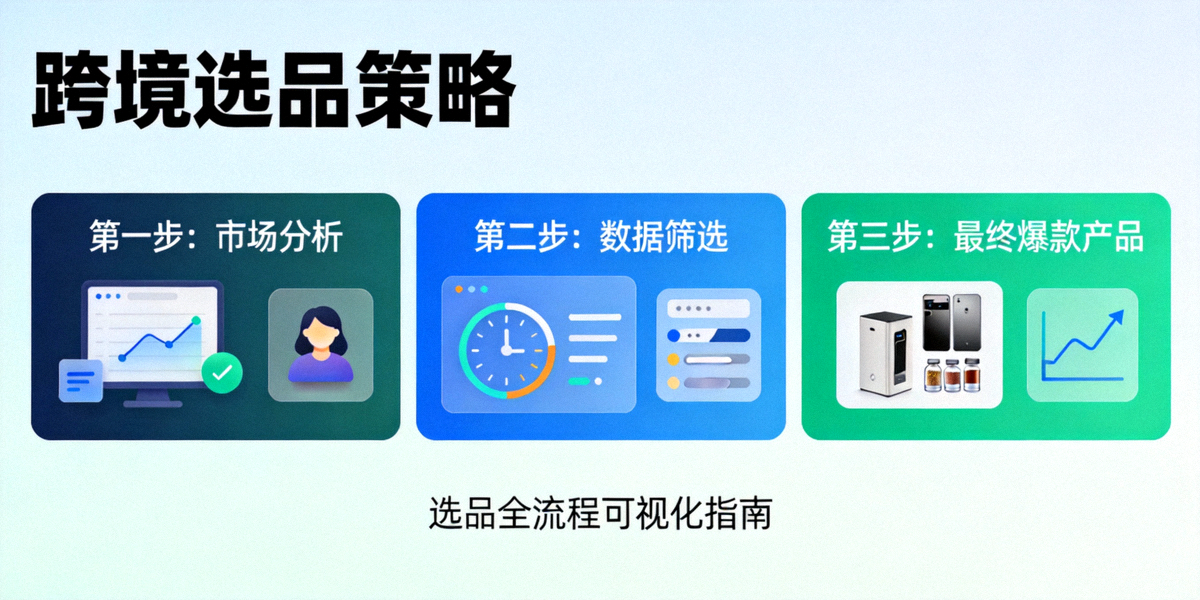跨境选品策略封面图：展示从市场分析、数据筛选到最终爆款产品的三步流程可视化图表