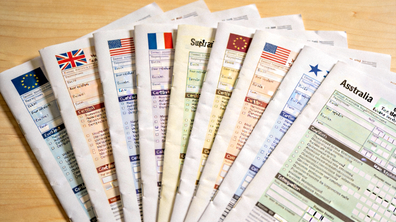 欧盟、英国、美国、澳大利亚等多国的税务申报表、税号证书整齐排列在桌面上