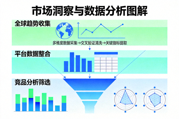 市场洞察与数据分析图解：展示从全球趋势、平台数据到竞品分析的漏斗筛选过程