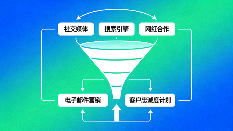 一个现代化的营销漏斗图，从顶部的社交媒体、搜索引擎、网红合作，到底部的电子邮件营销和客户忠诚度计划，形成完整闭环
