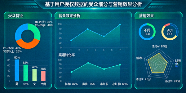 数据分析仪表盘，展示基于用户同意后收集的数据进行受众细分和营销效果分析