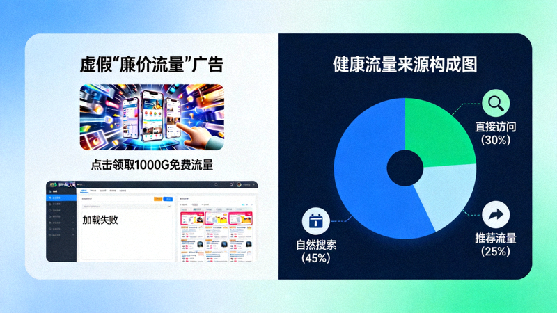 对比图：左侧是虚假的‘廉价流量’广告，点击后是低质页面；右侧是健康的流量来源构成图，包括自然搜索、直接访问和推荐流量