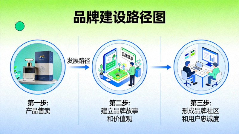 品牌建设路径图：从产品售卖，到建立品牌故事和价值观，最终形成品牌社区和用户忠诚度