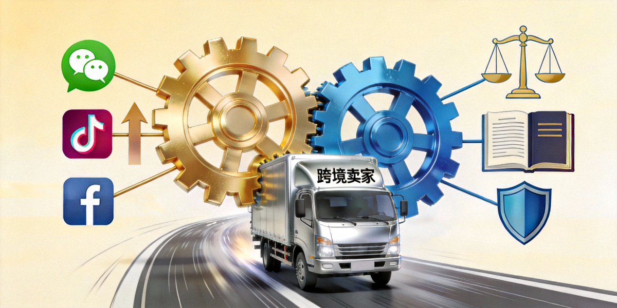 营销与合规化双引擎概念图：左侧是代表营销的齿轮，连接着社交媒体图标和上升箭头；右侧是代表合规的齿轮，连接着天平、法律文件和盾牌；两个齿轮紧密咬合，共同驱动一辆标有‘跨境卖家’的卡车向前行驶