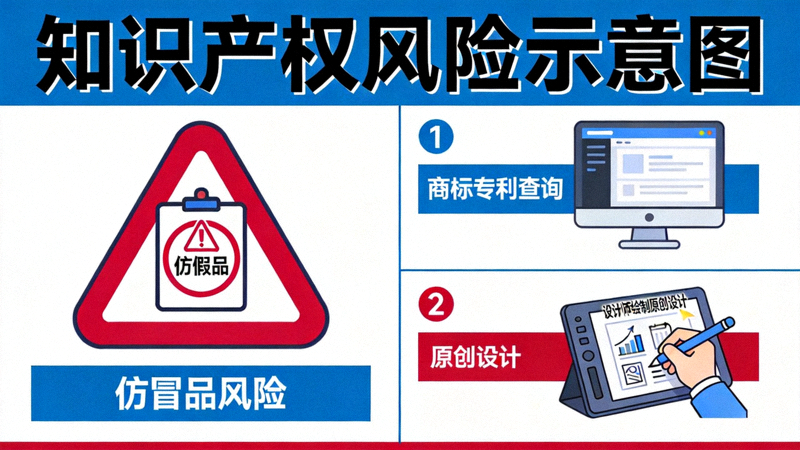 知识产权风险示意图：左侧是带有警告标志的仿冒品，右侧是进行商标专利查询和原创设计的正确流程