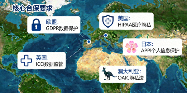 全球主要市场合规地图，标注了欧盟、美国、英国、日本、澳大利亚等地区的核心合规要求图标