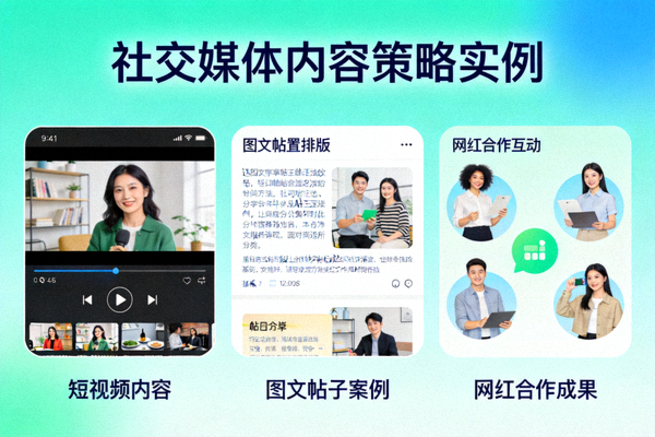 社交媒体内容策略实例拼图，包含短视频、图文帖子和网红合作截图