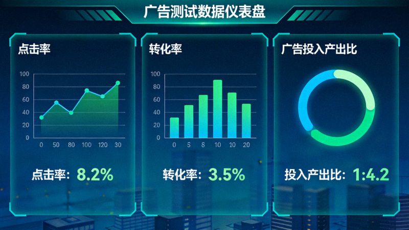 广告测试数据仪表盘，展示点击率、转化率和广告投入产出比等关键指标