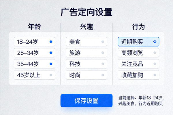 广告定向设置界面截图，展示年龄、兴趣、行为等细分选项